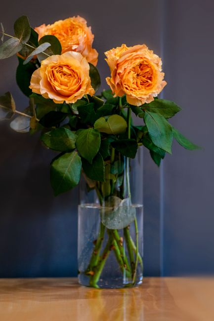 A tall, clear glass vase holding a fresh floral bouquet featuring three large, fully bloomed roses in a soft peach color with ruffled petals. The roses are complemented by dark green, glossy leaves an