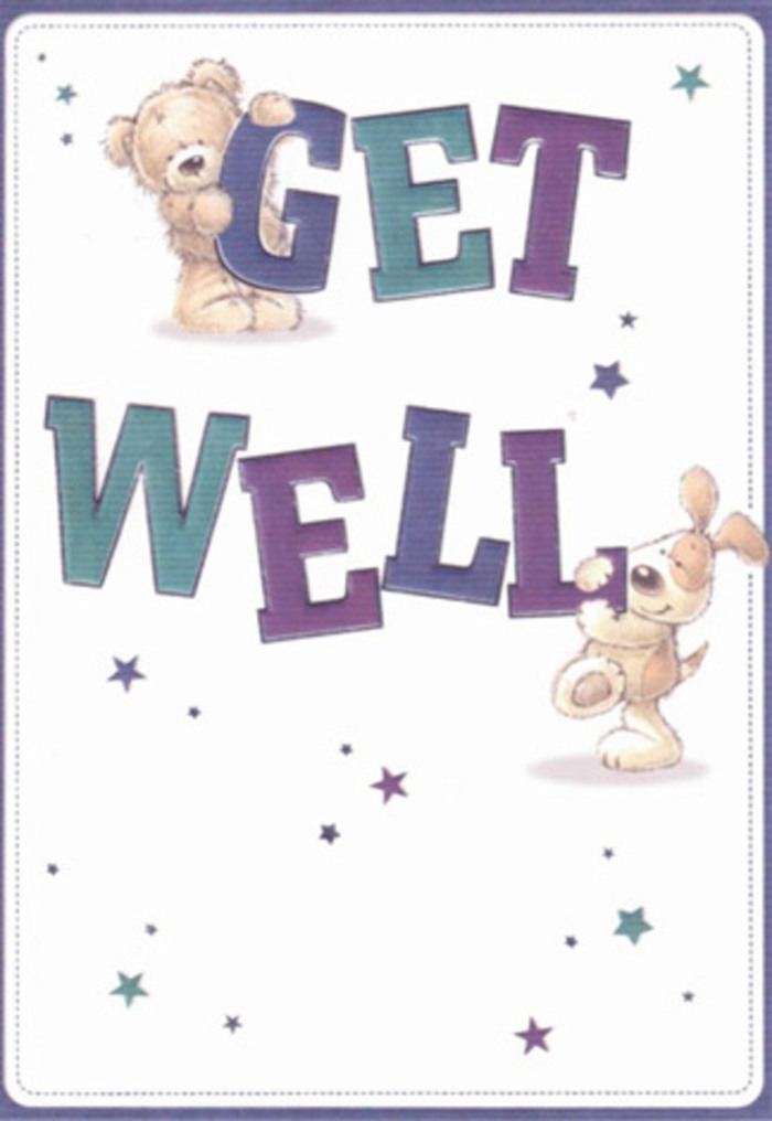 An endearing get well card illustration shows a soft teddy bear and an eager puppy working together to hold up a big, joyful Get Well greeting, like two little helpers determined to brighten a sick day. The bear is drawn with plump, rounded limbs and a gentle stitched muzzle, hugging the top of the word GET as if it were a comforting cushion. Just below, the puppy, with long, velvety ears and a slightly clumsy stance, leans around the word WELL, its body language brimming with loyal enthusiasm. The typography is large and reassuring, with chunky, bubble-like letters in layered shades of purple, teal, and aqua that feel as soothing as evening light over Eastcote's quiet residential streets. The colours are rich but never harsh, blending harmoniously as if carefully selected to calm and cheer, much like the cool tones of a hydrangea and iris arrangement. All around, tiny stars and gentle starbursts in blues, violets, and turquoise scatter across a clean cream background, suggesting wishes, hope, and just a hint of magic-like spotting the first blossoms in Eastcote's small gardens after a long winter. The background remains mostly unadorned, giving the artwork space to breathe and emphasizing clarity, rest, and recovery. Even without any actual flowers in the design, the softness of the fur, the curved lines, and the cosy colour palette echo the nurturing feeling of a thoughtfully arranged get well bouquet delivered to a home or hospital room nearby. The overall impression is of lightness, kindness, and quiet encouragement, suitable for all ages and especially comforting when paired with fresh, fragrant blooms.