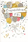 This congratulations card is illustrated like a festive sky above Eastcote, filled with a cheerful bouquet of balloons instead of flowers. The balloons cluster together in the upper half of the card, rounded and softly glowing in shades of brushed gold, muted silver, champagne, light blue, blush pink, and gentle grey. Each one carries its own delicate decoration-tiny scattered stars, shimmering glitter, or slender metallic stripes-so the eye moves easily from one to the next, as if admiring individual blooms in a window display at a local Eastcote florist. Fine gold and silver strings curl downwards in elegant loops, meeting in an artful tangle at the lower edge, adding a sense of movement and grace. Around the balloons, little stars, confetti-like dots, and swirling ribbons drift across a pale backdrop, suggesting the carefree energy of a surprise gathering in a garden off Elm Avenue or a celebration meal at a favourite local spot. At the centre of the design, a banner stretches gently across, bearing the phrase Congratulations To You in flowing, handwritten-style script that feels warm, sincere, and slightly luxurious. The overall mood is bright but not brash-more like a well-curated bouquet than a loud party-making it perfect for acknowledging a graduation, a new role, or any personal success. You can imagine this card nestled beside a vase of fresh seasonal flowers, ready to be delivered across Eastcote to mark one of life's proudest, most uplifting moments.