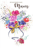 The Mother's Day card artwork shows a joyful explosion of watercolour flowers rising from a modest vase, much like a freshly gathered bouquet ready to be delivered to a home in Eastcote. Lush purples, playful pinks, and glowing reds mingle with softer blues and lilacs, their edges feathered by water, giving each bloom a soft, dreamlike quality while still retaining a clear, lively form. Deep indigo outlines suggest the petals' curves, adding just enough definition to keep the eye moving across the arrangement, as if tracing the path a florist's hand might take when shaping each stem. Tiny touches of gold shimmer along select petals and leaves, catching the light like fine ribbon or gilded gift wrap, and hinting at the special care put into a Mother's Day surprise. Flicks and splashes of colour float around the bouquet, some forming small hearts, others simply dancing across the clean white background in a carefree pattern that recalls children's artwork pinned on kitchen walls from Eastcote to Ruislip Manor. The vase has soft, rounded lines, its form understated so that the flowers can take centre stage, but a neat golden bow detail near the base adds a sense of occasion, like the final knot on a hand-tied bouquet. Overall, the composition feels light, celebratory, and deeply affectionate-a visual expression of thanks and love, perfectly suited to accompany a heartfelt message to a beloved mum living along Field End Road, by Eastcote station, or in any nearby corner of this friendly community.