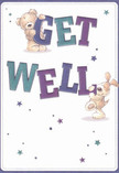 A whimsical illustrated get well card shows a cuddly teddy bear and a floppy-eared puppy working together to pass on a cheerful Get Well message, the scene bathed in gentle, uplifting colour. The chubby bear perches happily on top of the bold word GET, while the puppy balances playfully around the slightly tilted word WELL, their soft fur sketched with feathery strokes that make them look snuggly and comforting. The letters are thick, rounded, and friendly, shaded in rich indigo, teal, and purple tones that feel as calming as a twilight sky over Eastcote House Gardens. Around them, scattered starbursts in blues and violets sprinkle the creamy white background like tiny wishes of hope, adding sparkle without overwhelming the clean, uncluttered design. The light background suggests cleanliness and healing, similar to the quiet reassurance you feel when fresh flowers are delivered to a bedside in Eastcote or along Field End Road. Though there are no blooms on the card itself, the playful characters echo the same tender care a florist uses when arranging a soothing, get well bouquet-each brushstroke feels intentional, gentle, and kind. The overall mood is one of innocent joy and genuine warmth, ideal for lifting the spirits of a child recovering at home or an adult resting after treatment, making this illustrated card a comforting companion to a thoughtful floral gift.